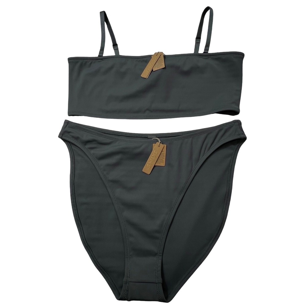 SKIMS Shaping Swim Bandeau Top + Dipped Bikini Bottom Gunmetal Womens 2X - Picture 2 of 14